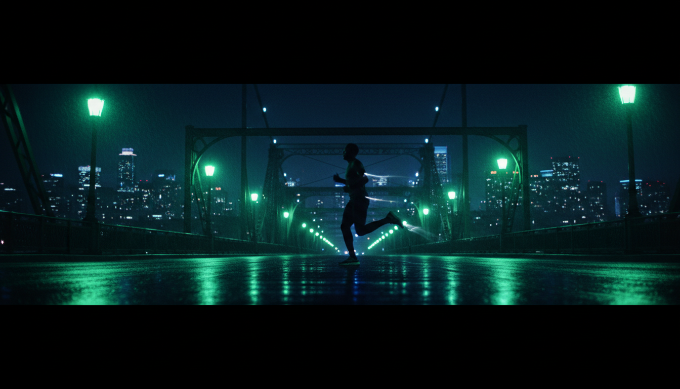 Runner on urban bridge at night